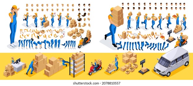 Isometric Create your character, courier, girl and guy from the delivery service. Set of gestures of hands, feet, emotions of the character, a set of different