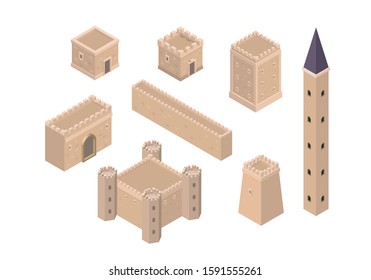 isometric creation kit of medieval buildings walls gates towers of ancient castles vector architectural assets for games. Tower architecture,