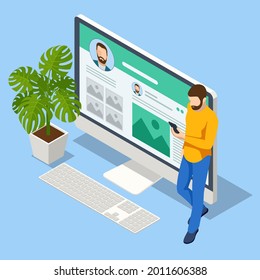 Isometric creative blogging, commercial blog posting, copywriting, journalist, social network. Vloggers cartoon characters