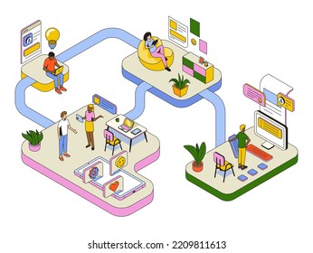 Isometric Creative Business, cartoon exclamation, communication. Search for confused idea or problem doubt solution. Clever think. Project for application alert concept. Vector Illustration