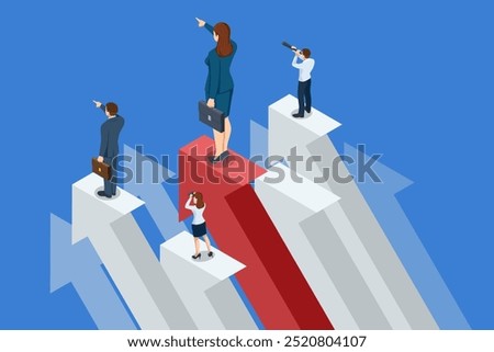 Isometric Creative Business people, managers, and employees discuss strategies for achieving goals and success. Teamwork, analytics, business, career development or promotion