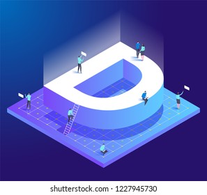 Isometric creative font. Letter D with small people. Design for business, web, site, banner. Vector illustration