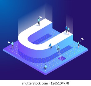 Isometric creative font. Letter U with small people. Design for business, web, site, banner. Vector illustration