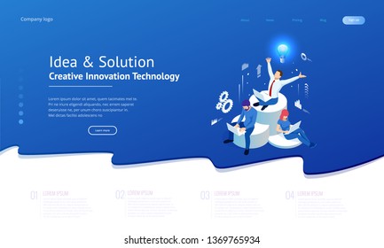 Isometric creative idea and innovation concept. New ideas with innovative technology and creativity. Brain bulb. Business meeting and brainstorming. Idea and business concept for teamwork.