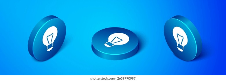 Isometric Creative lamp light idea icon isolated on blue background. Concept ideas inspiration, invention, effective thinking, knowledge and education. Blue circle button. Vector