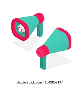 Isometric creative Megaphone. Pink and green bullhorn. Loudspeaker 3D view. Speaker isolated on white. Vector illustration.