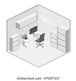 Isometric creative office interior design vector. Set of object