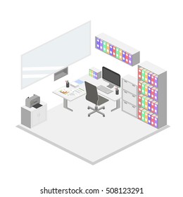 Isometric creative office interior design vector. Set of object