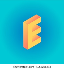 Isometric creative yellow and peachy letter E isolated on the blue gradient background. Design for business, web, site, banner. Vector illustration