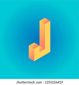 Isometric creative yellow and peachy letter J isolated on the blue gradient background. Design for business, web, site, banner. Vector illustration