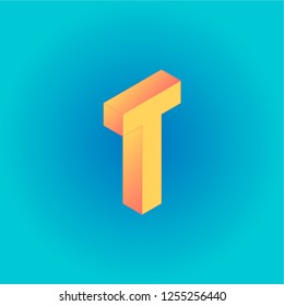 Isometric creative yellow and peachy letter T isolated on the blue gradient background. Design for business, web, site, banner. Vector illustration