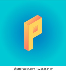 Isometric creative yellow and peachy letter P isolated on the blue gradient background. Design for business, web, site, banner. Vector illustration