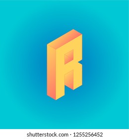 Isometric creative yellow and peachy letter R isolated on the blue gradient background. Design for business, web, site, banner. Vector illustration