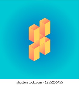Isometric creative yellow and peachy letter X isolated on the blue gradient background. Design for business, web, site, banner. Vector illustration