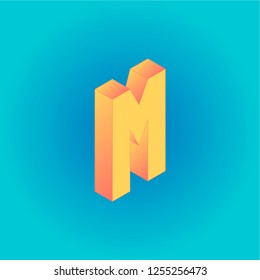 Isometric creative yellow and peachy letter M isolated on the blue gradient background. Design for business, web, site, banner. Vector illustration