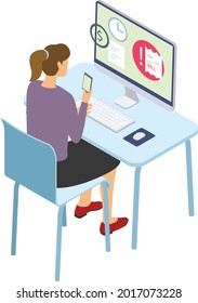Isometric credit and billing person at computer on phone, computer screen showing overdue invoice or balance due.