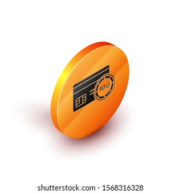 Isometric Credit card icon isolated on white background. Online payment. Cash withdrawal. Financial operations. Shopping sign. Orange circle button. Vector Illustration