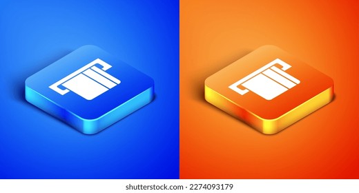 Isometric Credit card inserted in card reader icon isolated on blue and orange background. ATM cash machine. Square button. Vector