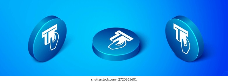Isometric Credit card inserted in card reader icon isolated on blue background. ATM cash machine. Blue circle button. Vector