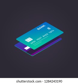 Isometric Credit Card On Dark Background. Vector Illustration. Flat Style.