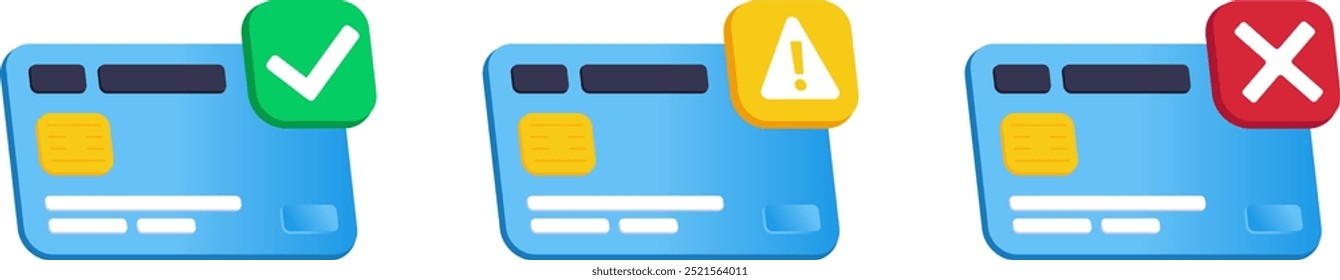 Isometric Credit Card with Right and wrong signs. Money transfer accept, caution and reject concept. Money Card with green tick checkmark, yellow attention triangle, red error cross. Payment card icon