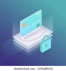 Isometric credit card security. bank transactions. mobile online payment vector illustration.