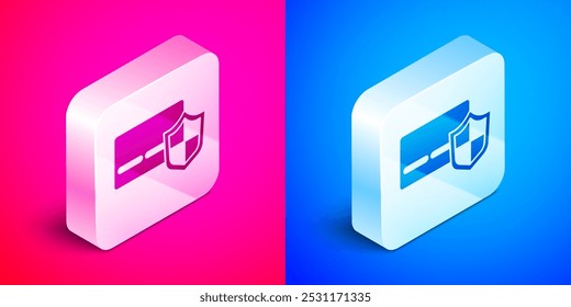 Isometric Credit card with shield icon isolated on pink and blue background. Online payment. Cash withdrawal. Financial operations. Shopping sign. Silver square button. Vector