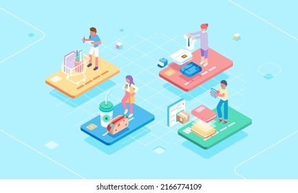 Isometric credit card type with people or customer on it, use the card for various needs. shopping food, clothing, education and book pastel color palette