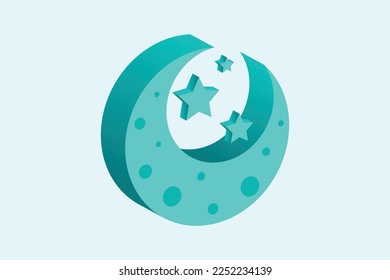 Isometric crescent moon and stars vector simple design