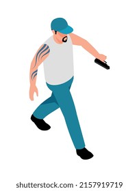 Composición delictiva isométrica con carácter humano aislado en ilustración vectorial de fondo en blanco