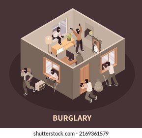 Isometric Criminal Robbery Scene With Burglar Breaking Into House Vector Illustration