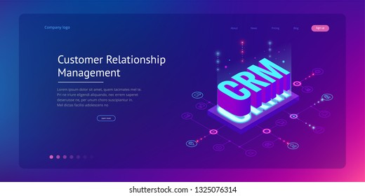Isometrisches CRM Webbanner. Kundenbeziehungsmanagement-Konzept. Business Internet Technology Vektorillustration Illustration