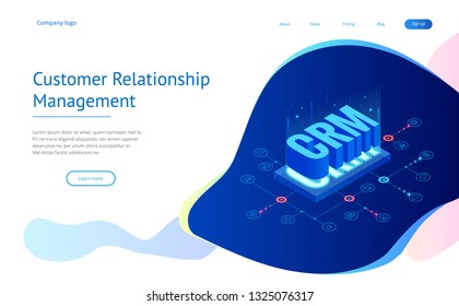 Isometric CRM web banner. Customer relationship management concept. Business Internet Technology vector illustration