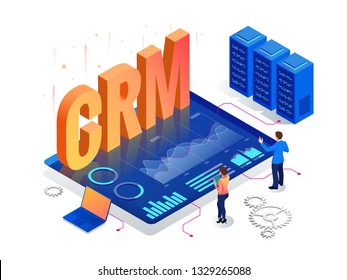 Isometric CRM web banner. Customer relationship management concept. Business Internet Technology vector illustration