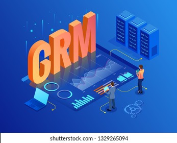 Isometric CRM Web Banner. Customer Relationship Management Concept. Business Internet Technology Vector Illustration