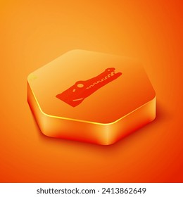 Isometric Crocodile icon isolated on orange background. Animal symbol. Orange hexagon button. Vector