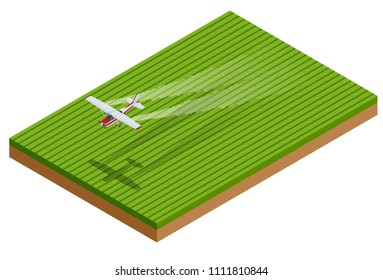 Isometric Crop Duster Applies Chemicals To A Field Of Vegetation. Vector Illustration