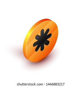 Isometric Cross hospital medical icon isolated on white background. First aid. Diagnostics symbol. Medicine and pharmacy sign. Orange circle button. Vector Illustration
