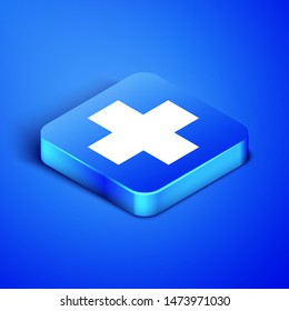 Isometric Cross hospital medical icon isolated on blue background. First aid. Diagnostics symbol. Medicine and pharmacy sign. Blue square button. Vector Illustration