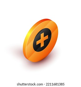 Isometric Cross hospital medical icon isolated on white background. First aid. Diagnostics symbol. Medicine and pharmacy sign. Orange circle button. Vector Illustration