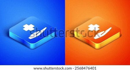 Isometric Cross hospital medical icon isolated on blue and orange background. First aid. Diagnostics symbol. Medicine and pharmacy sign. Square button. Vector Illustration