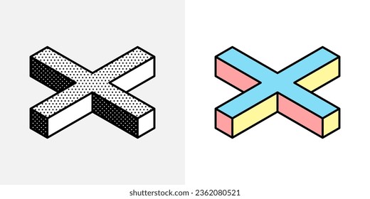 Isometric cross logo. Optical illusion sign. Retro 3D icons set with black and white polka dots and colored options. Vector impossible shape for halftone label, crypto company, vintage posters.