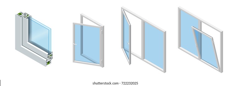 Isometric Cross section through a window pane PVC profile laminated wood grain, classic white. Set of Cross-section diagram of glazed windows.