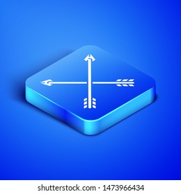 Isometric Crossed arrows icon isolated on blue background. Blue square button. Vector Illustration