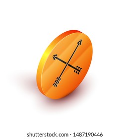 Isometric Crossed arrows icon isolated on white background. Orange circle button. Vector Illustration