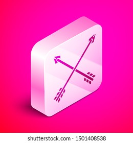 Isometric Crossed arrows icon isolated on pink background. Silver square button. Vector Illustration