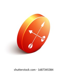 Isometric Crossed arrows icon isolated on white background. Orange circle button. Vector Illustration