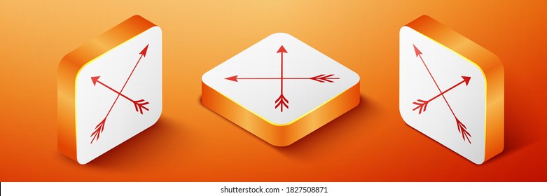 Icono de flechas cruzadas isométricas aisladas en el fondo naranja. Botón cuadrado naranja. Vector.