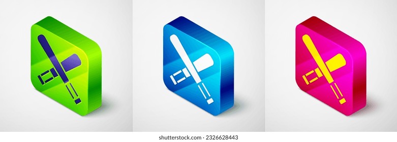 Isometric Crossed baseball bat icon isolated on grey background. Square button. Vector