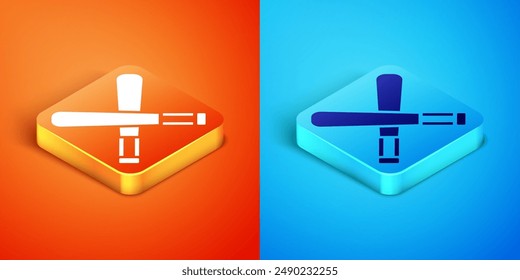Isometric Crossed baseball bat icon isolated on orange and blue background.  Vector